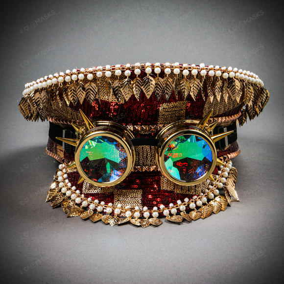 Steampunk Burning Man Party Captain Hat w/ Kaleidoscope 3D Goggles Red Gold - Picture 3 of 11